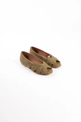 AMELIA DARK GREEN - Peep-Toe Ballet Flats with Crossover Straps