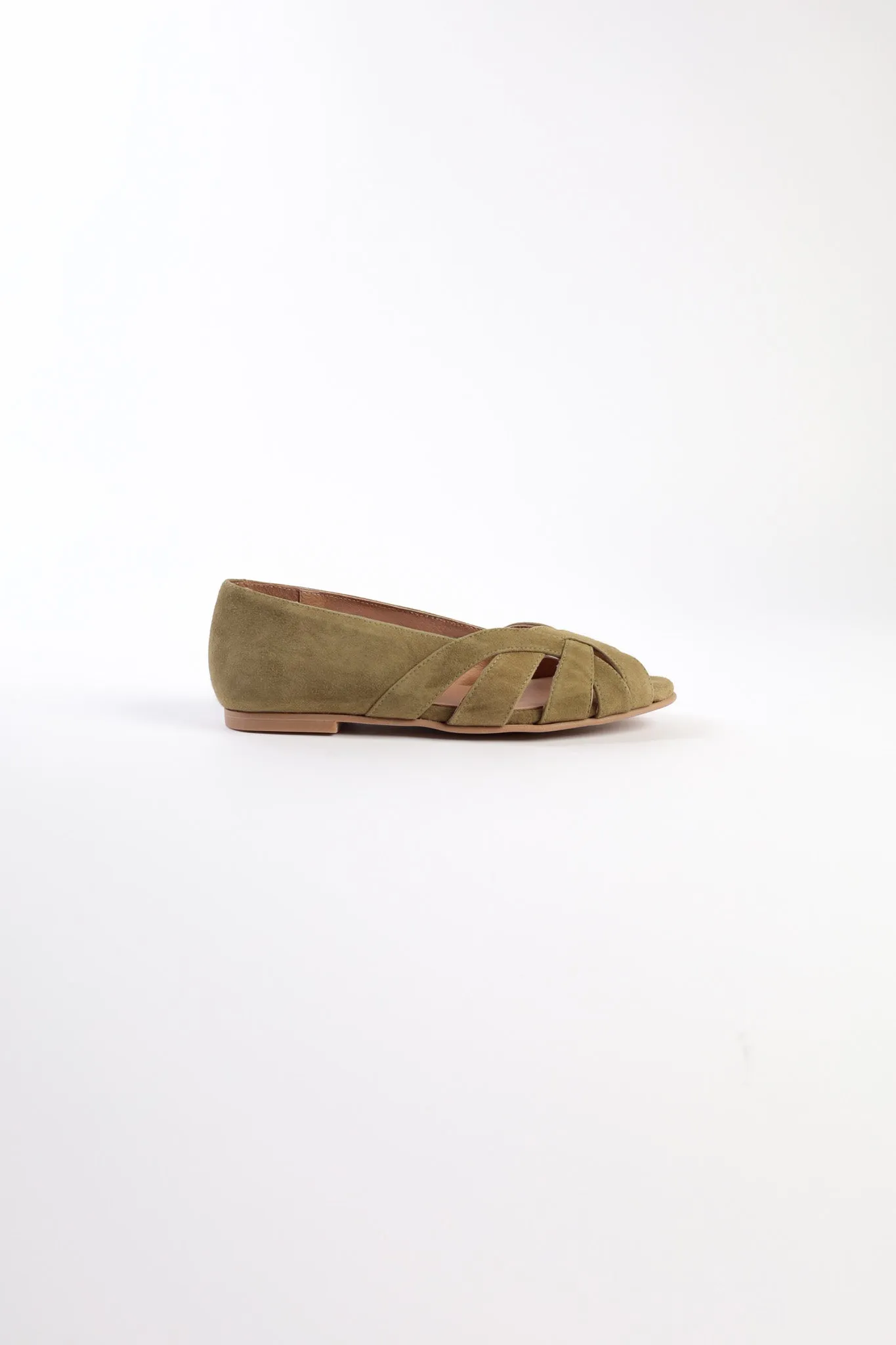 AMELIA DARK GREEN - Peep-Toe Ballet Flats with Crossover Straps