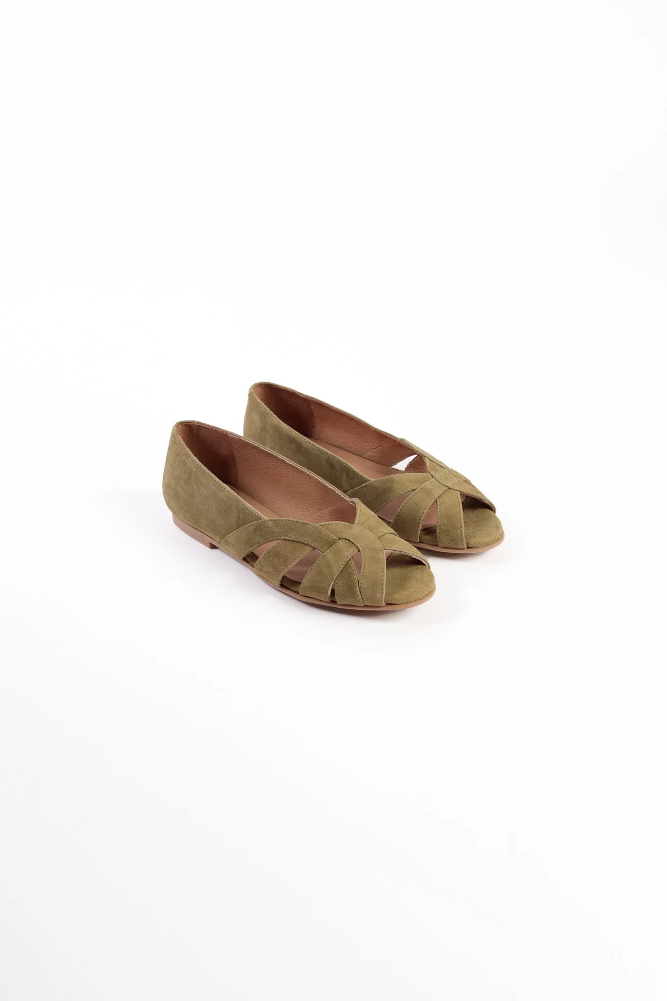 AMELIA DARK GREEN - Peep-Toe Ballet Flats with Crossover Straps