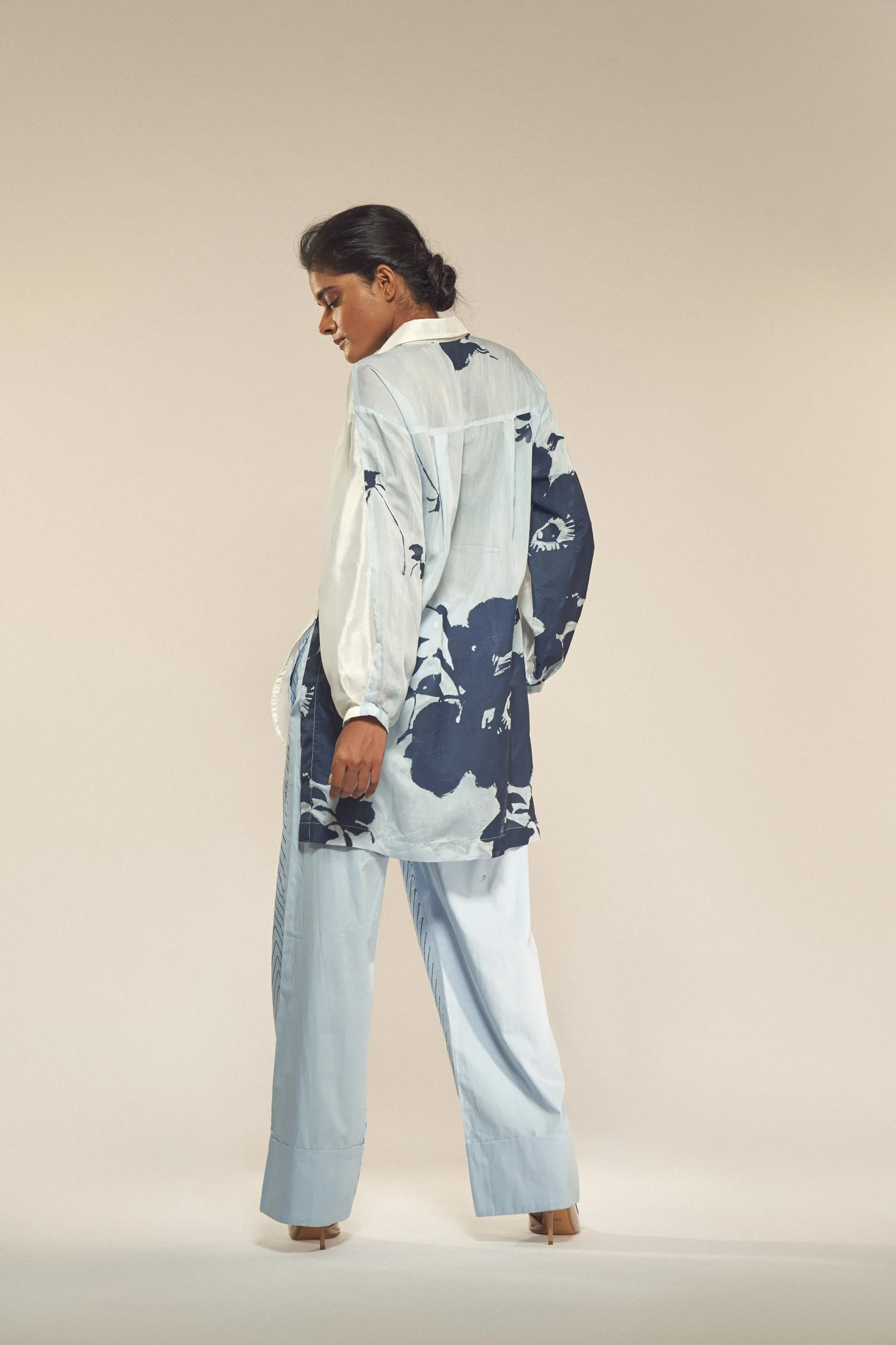 Back Peony Print Muslin Silk Shirt
