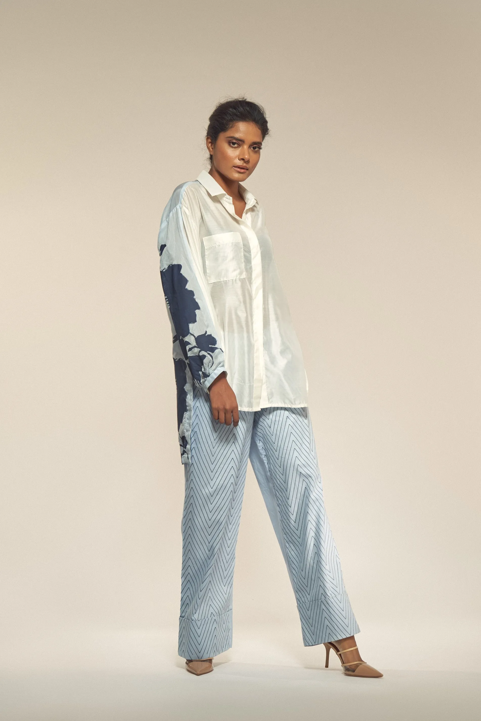 Back Peony Print Muslin Silk Shirt