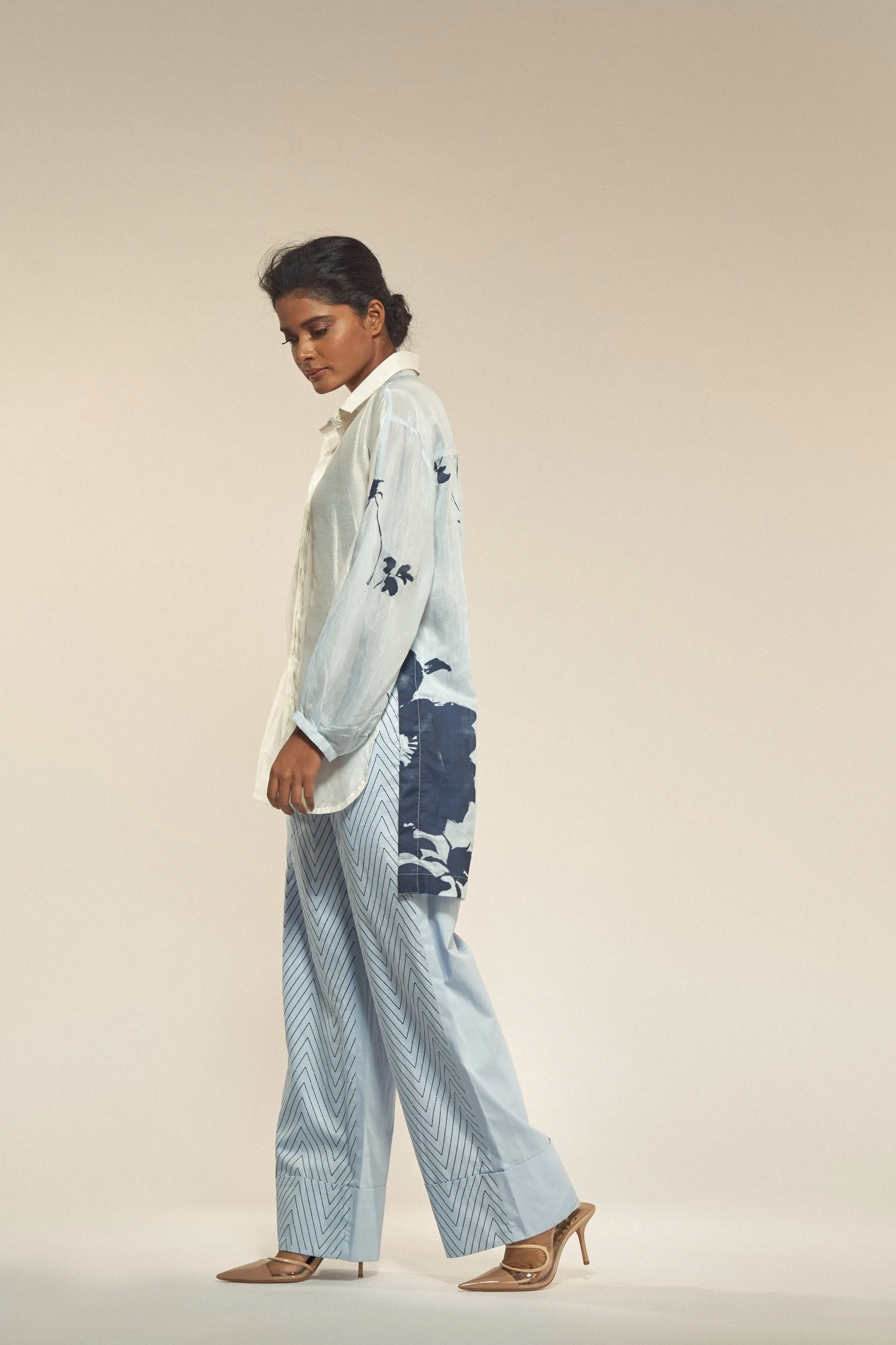 Back Peony Print Muslin Silk Shirt