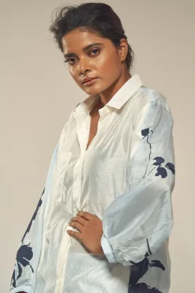 Back Peony Print Muslin Silk Shirt