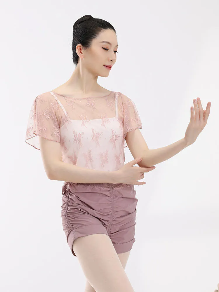 Ballet Dance Crew Neck Lace Short Sleeve Lace Up Top