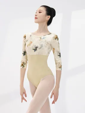 Ballet Velvet Print Patchwork High Crotch Leotard Dance Training Clothes