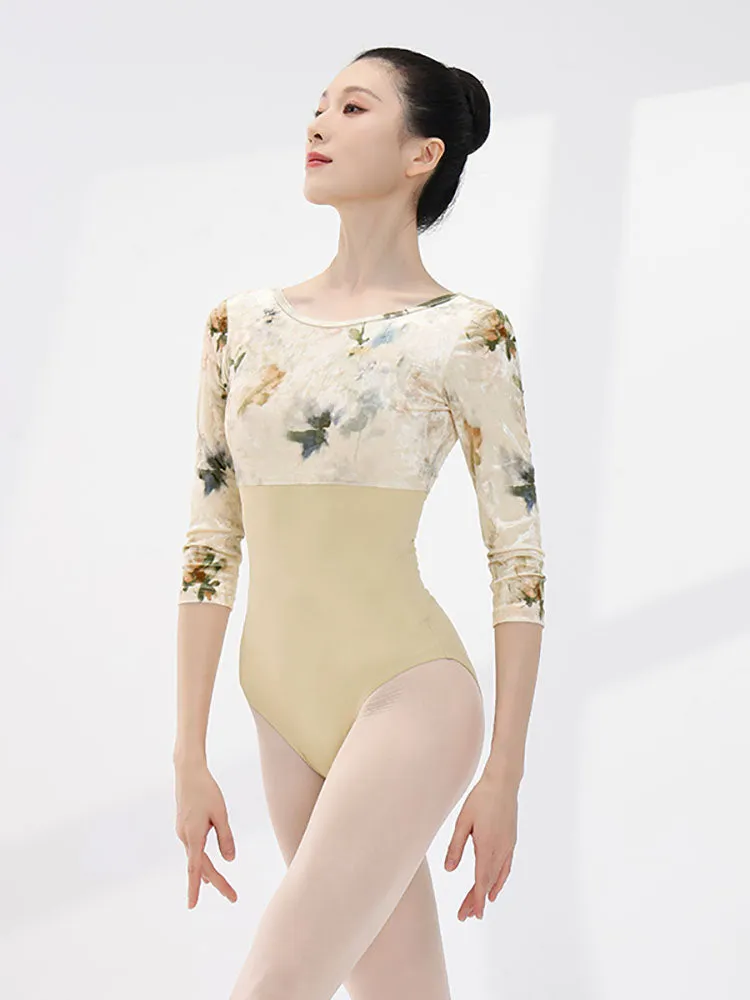 Ballet Velvet Print Patchwork High Crotch Leotard Dance Training Clothes