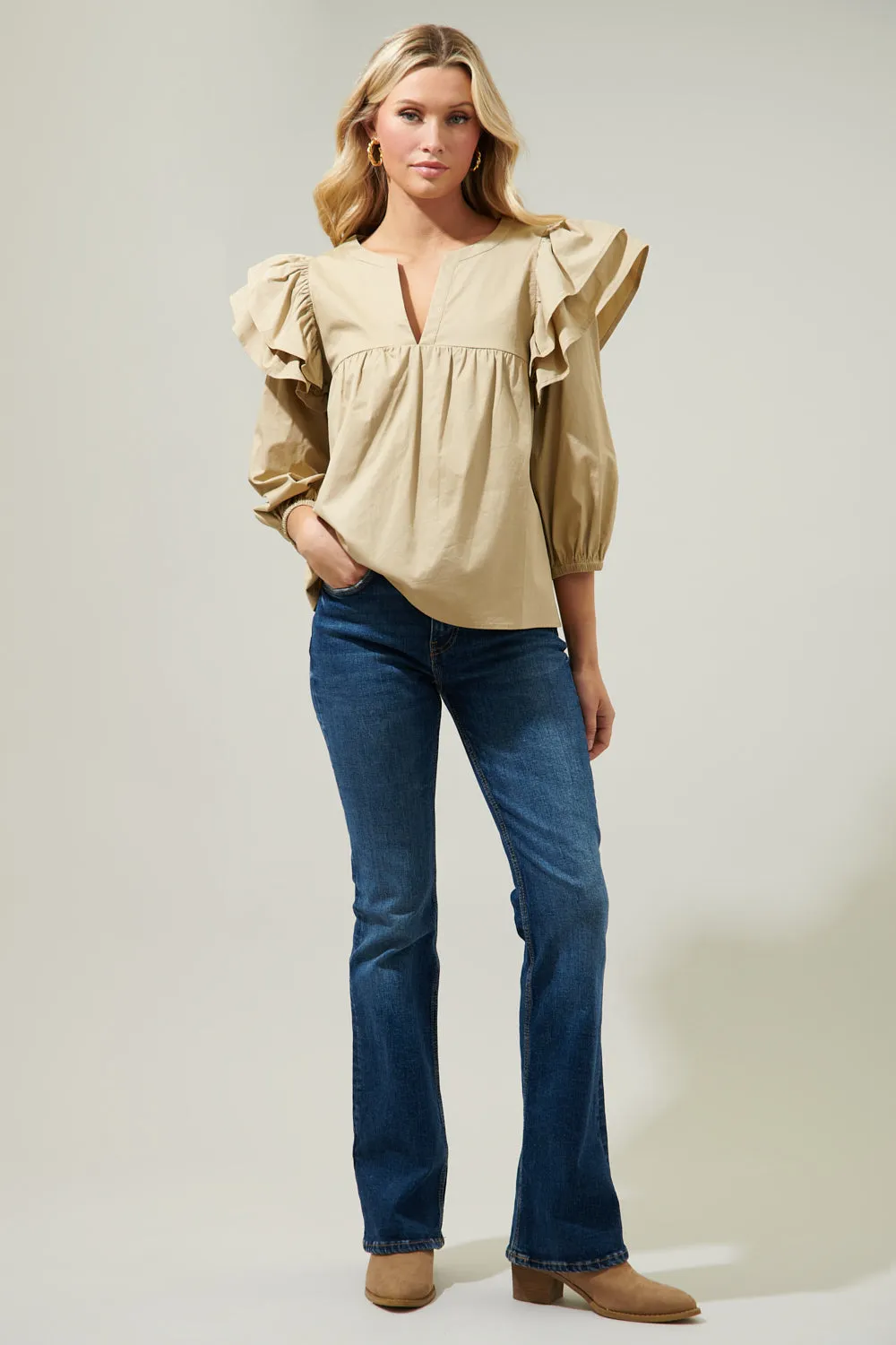 Double Down Poplin Split Neck Blouse