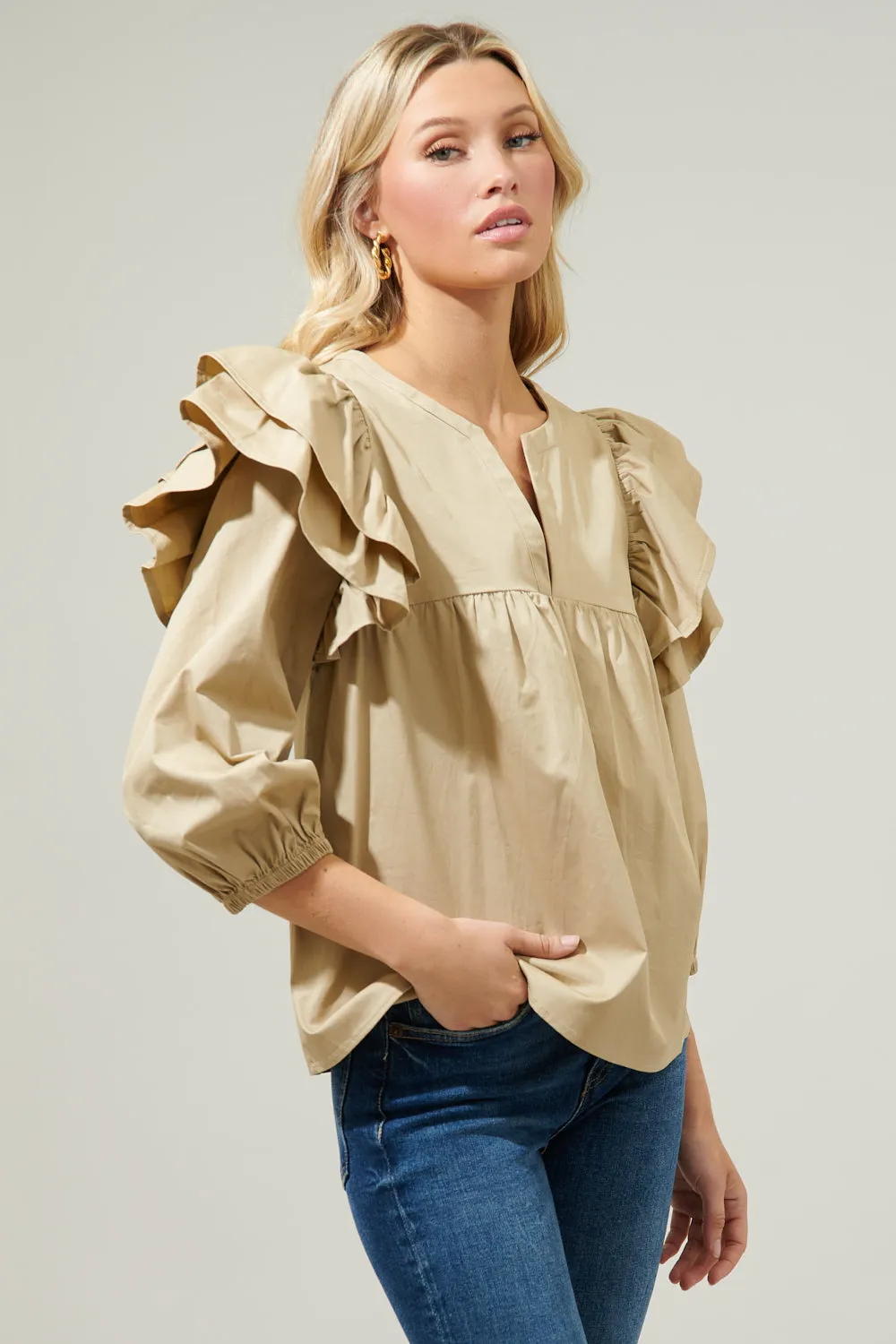 Double Down Poplin Split Neck Blouse