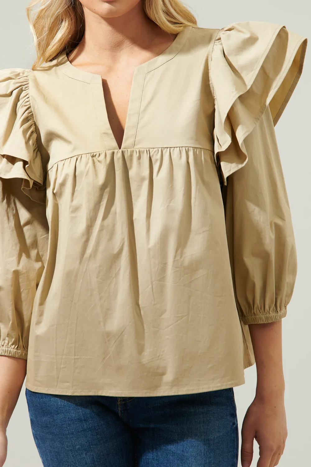 Double Down Poplin Split Neck Blouse