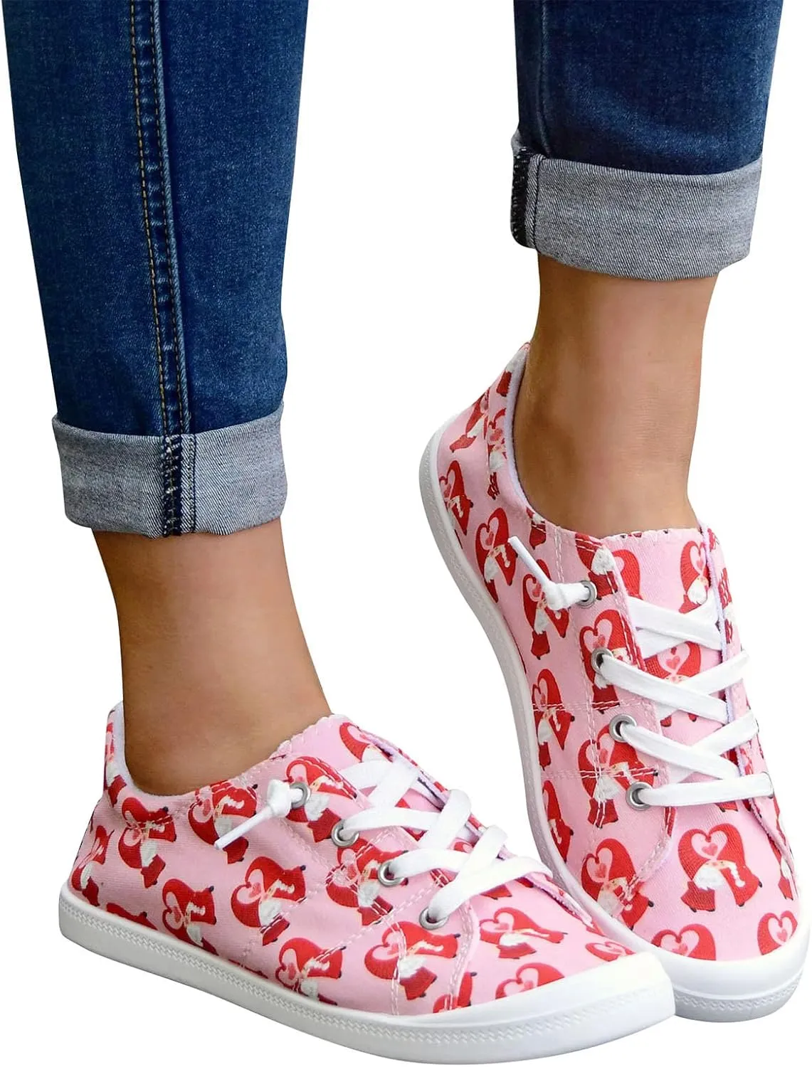 Gumipy Women's Lace-Up Loafers Valentine's Day Love Heart Print Fashion Sneaker Comfortable Lightweight Canvas Shoes Breathable Walking Shoes