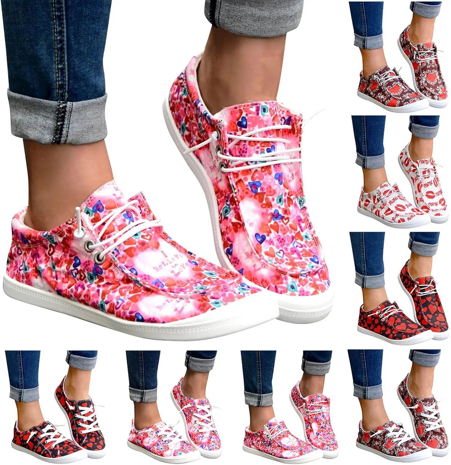 Gumipy Women's Lace-Up Loafers Valentine's Day Love Heart Print Fashion Sneaker Comfortable Lightweight Canvas Shoes Breathable Walking Shoes
