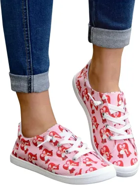 Gumipy Women's Lace-Up Loafers Valentine's Day Love Heart Print Fashion Sneaker Comfortable Lightweight Canvas Shoes Breathable Walking Shoes