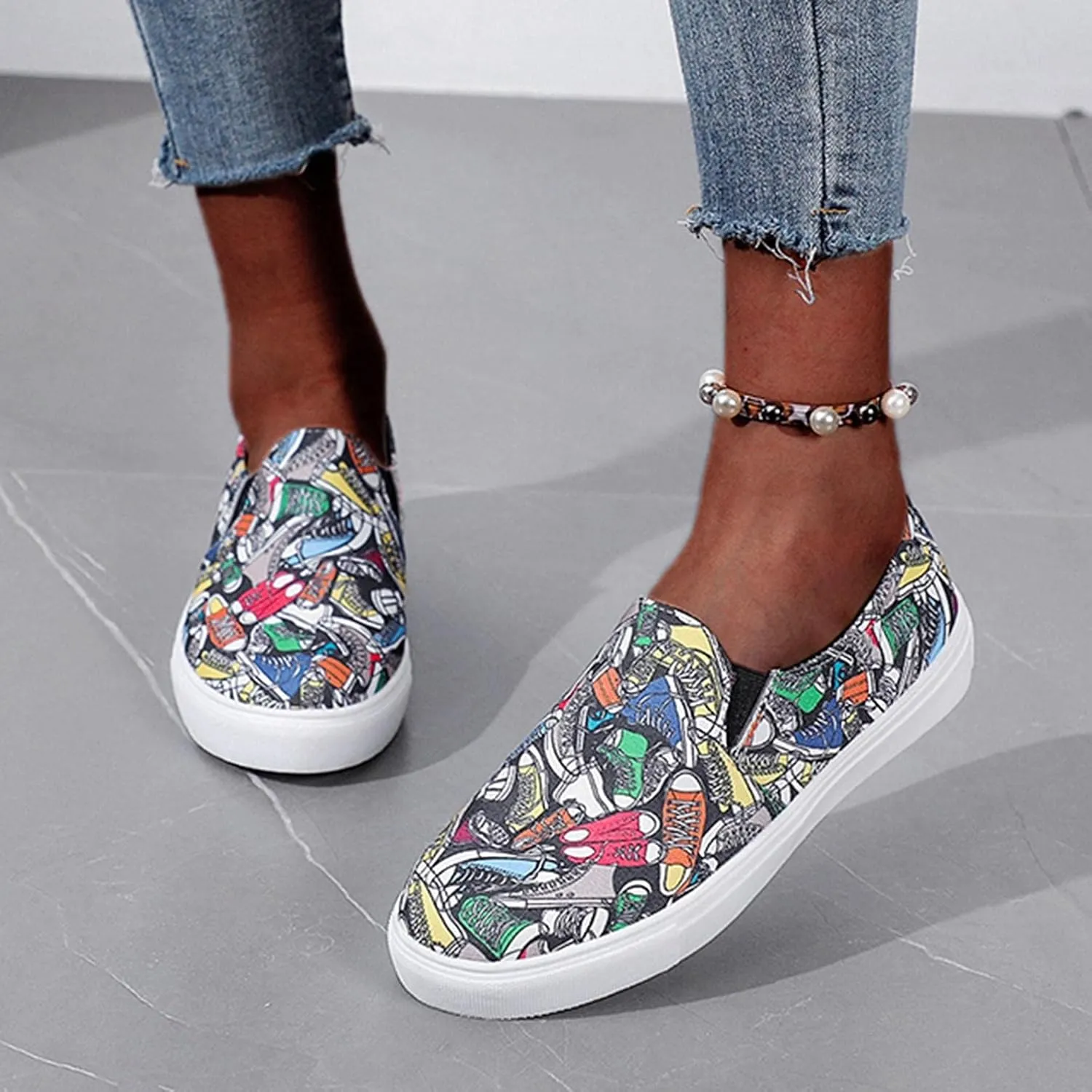 Hbeylia Women's Fashion Sneakers Slip On Loafers Graffiti Design Round Toe Platform Low Top Canvas Shoes Anti Skid Chunky Bottom Heels Flats Play Sneakers Sport Running Walking Shoes For Women Girls