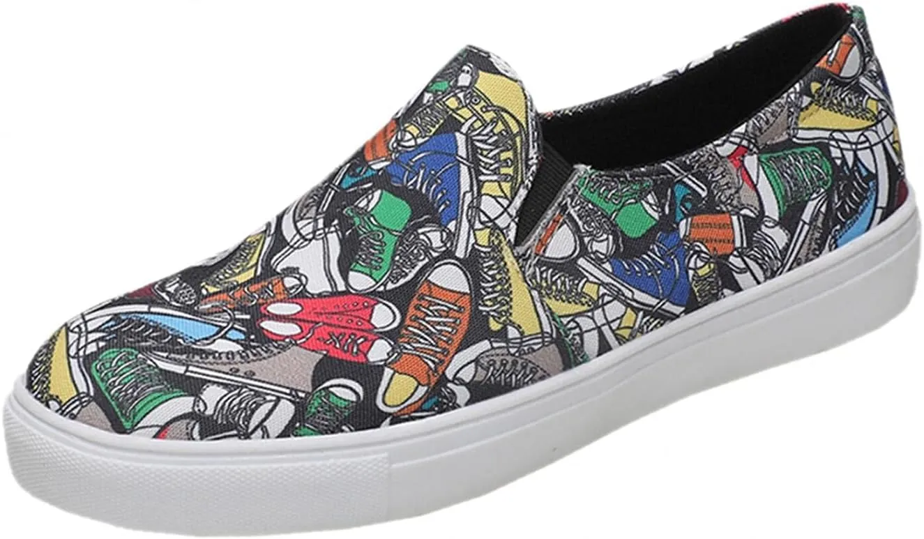 Hbeylia Women's Fashion Sneakers Slip On Loafers Graffiti Design Round Toe Platform Low Top Canvas Shoes Anti Skid Chunky Bottom Heels Flats Play Sneakers Sport Running Walking Shoes For Women Girls