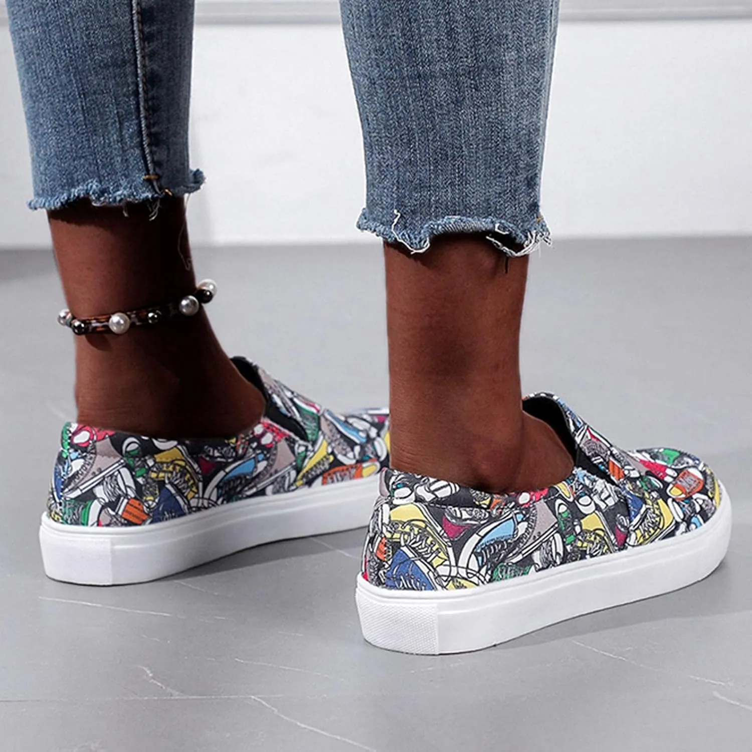 Hbeylia Women's Fashion Sneakers Slip On Loafers Graffiti Design Round Toe Platform Low Top Canvas Shoes Anti Skid Chunky Bottom Heels Flats Play Sneakers Sport Running Walking Shoes For Women Girls