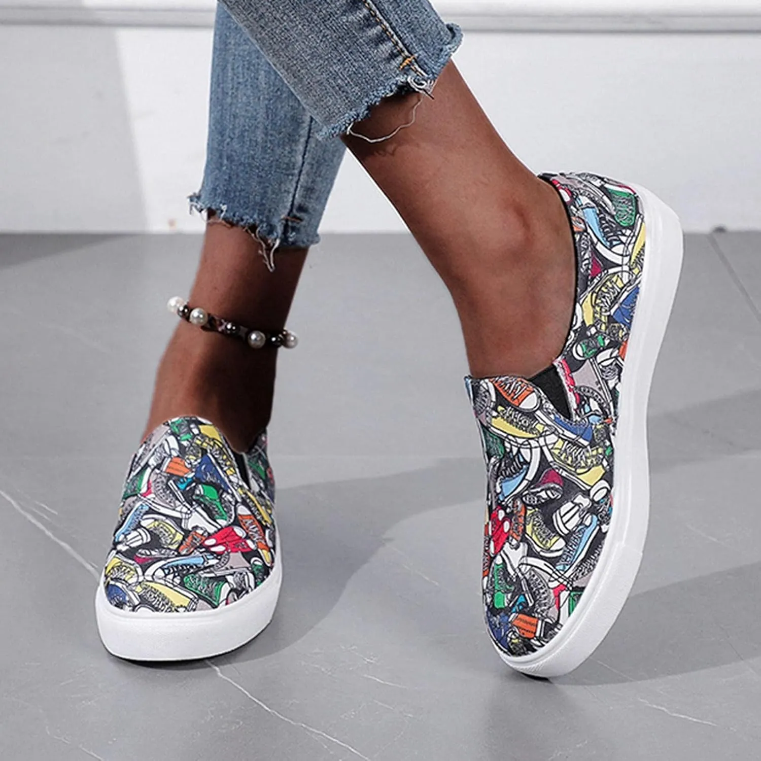 Hbeylia Women's Fashion Sneakers Slip On Loafers Graffiti Design Round Toe Platform Low Top Canvas Shoes Anti Skid Chunky Bottom Heels Flats Play Sneakers Sport Running Walking Shoes For Women Girls