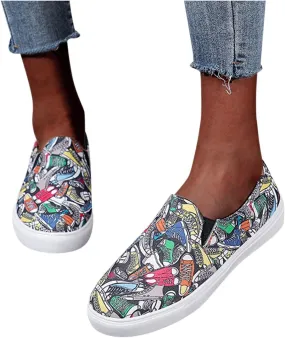 Hbeylia Women's Fashion Sneakers Slip On Loafers Graffiti Design Round Toe Platform Low Top Canvas Shoes Anti Skid Chunky Bottom Heels Flats Play Sneakers Sport Running Walking Shoes For Women Girls