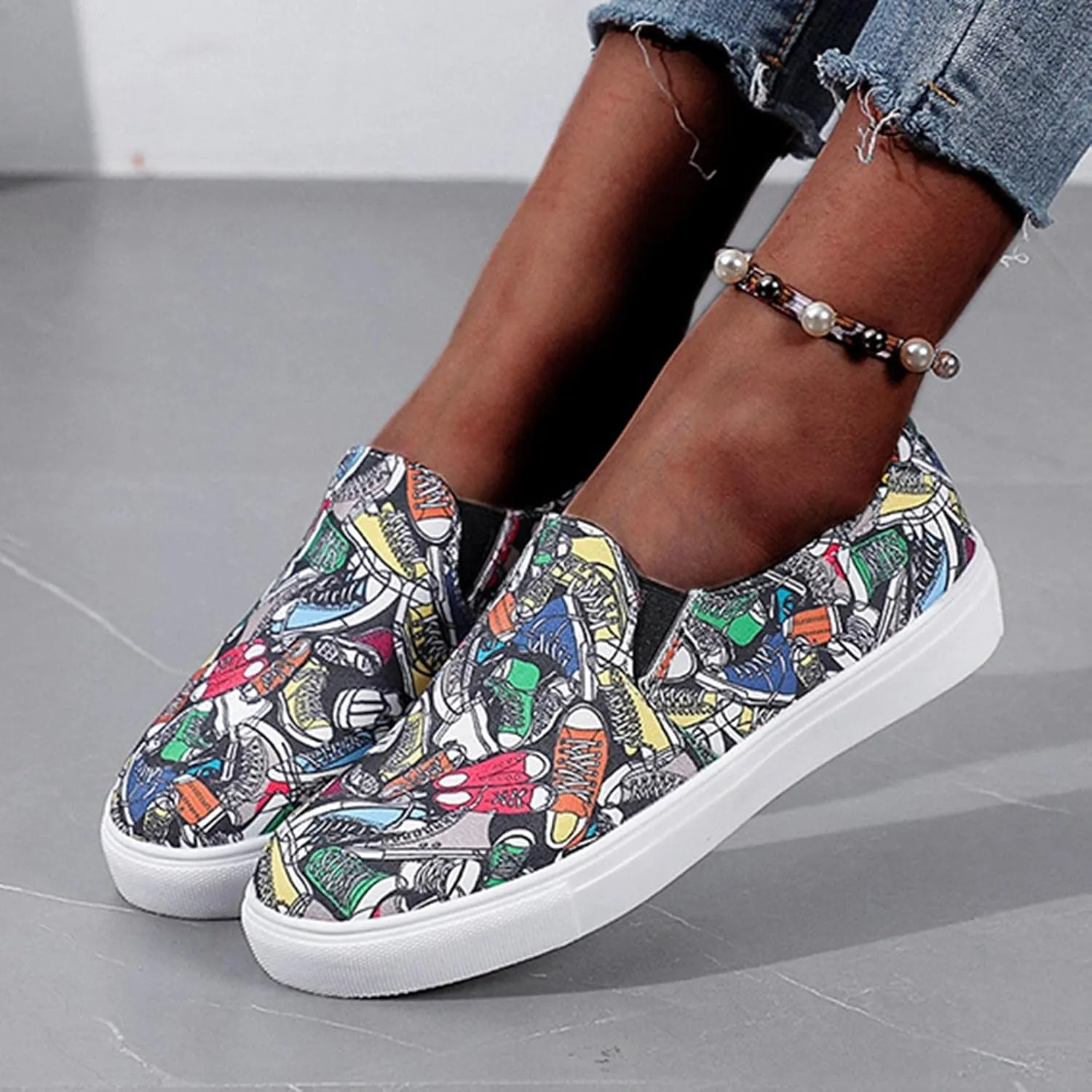 Hbeylia Women's Fashion Sneakers Slip On Loafers Graffiti Design Round Toe Platform Low Top Canvas Shoes Anti Skid Chunky Bottom Heels Flats Play Sneakers Sport Running Walking Shoes For Women Girls