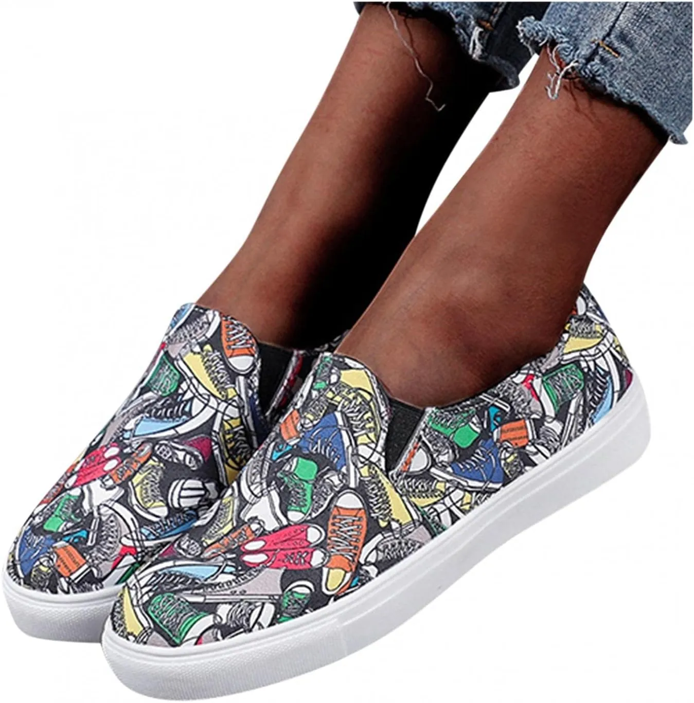 Hbeylia Women's Fashion Sneakers Slip On Loafers Graffiti Design Round Toe Platform Low Top Canvas Shoes Anti Skid Chunky Bottom Heels Flats Play Sneakers Sport Running Walking Shoes For Women Girls