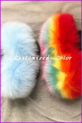 Kids Customized Color Fox Fur Sliders DF003