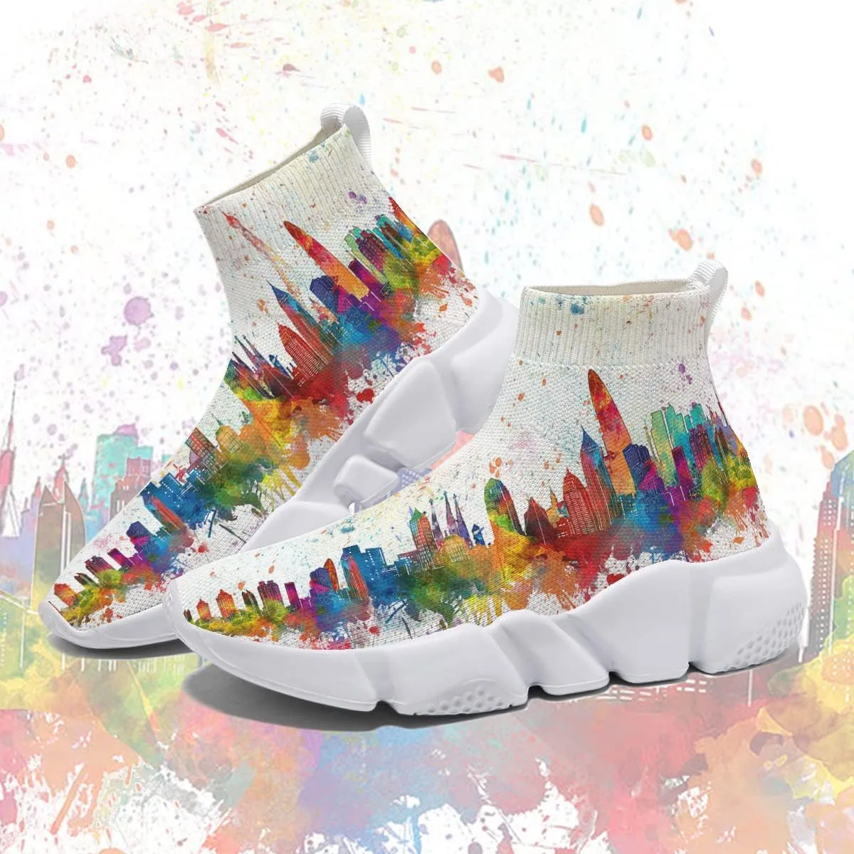 Mens Running Sneakers Art Graffiti Painted Shoes Mesh Breathable Slip-on Womens Tennis Shoes