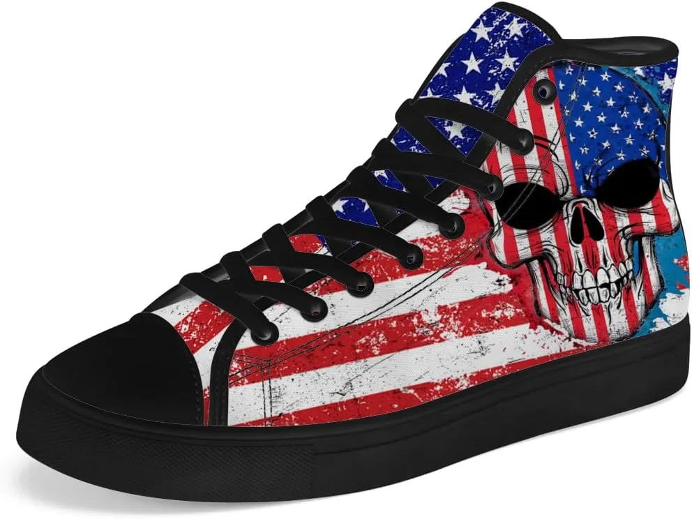 Skull High Top Sneakers for Men Women American Flag High Top Canvas Shoes Lace Up Casual Shoes Gifts for Dad Mom