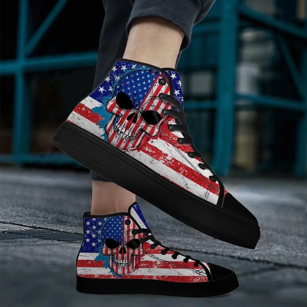 Skull High Top Sneakers for Men Women American Flag High Top Canvas Shoes Lace Up Casual Shoes Gifts for Dad Mom