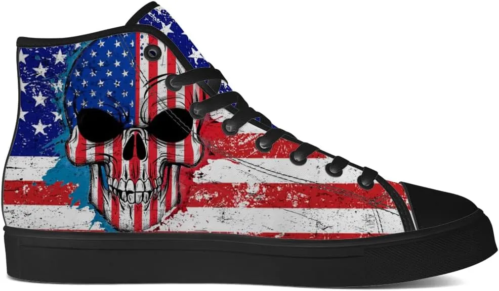 Skull High Top Sneakers for Men Women American Flag High Top Canvas Shoes Lace Up Casual Shoes Gifts for Dad Mom