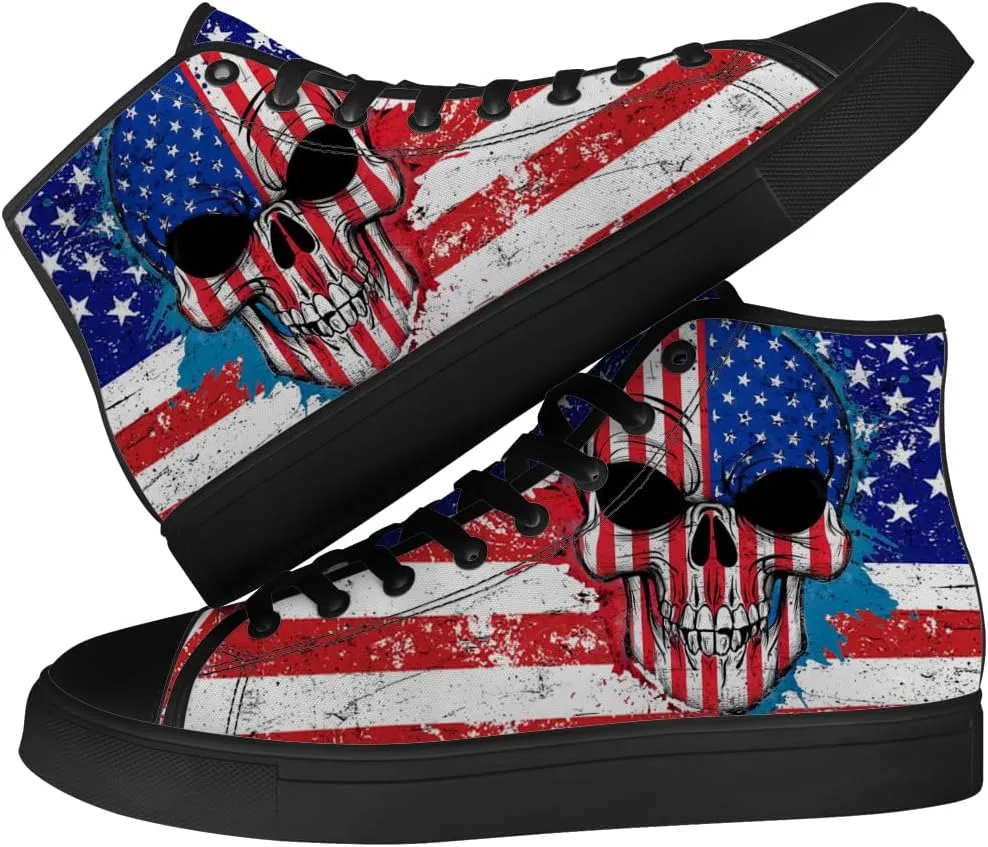 Skull High Top Sneakers for Men Women American Flag High Top Canvas Shoes Lace Up Casual Shoes Gifts for Dad Mom