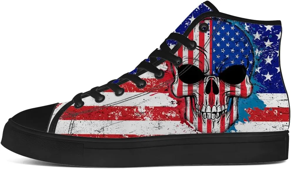 Skull High Top Sneakers for Men Women American Flag High Top Canvas Shoes Lace Up Casual Shoes Gifts for Dad Mom