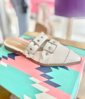 White Buckle Mule Flat