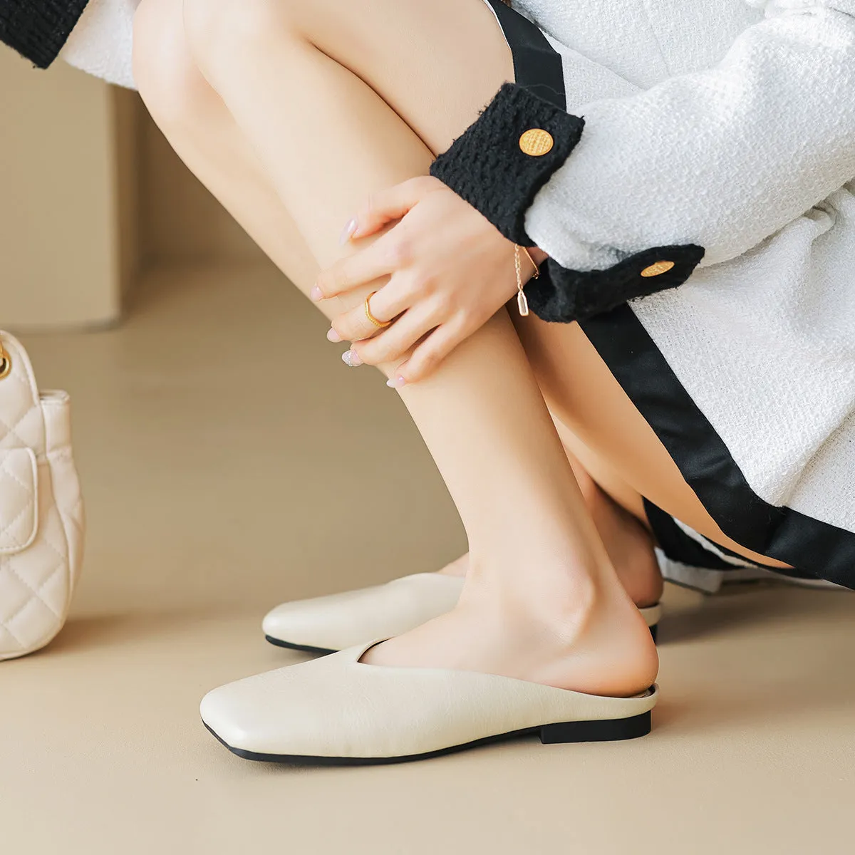 Women Minimalist Fashion Soft Leather Flat Mules