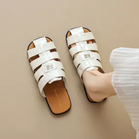 Women Retro Plaited Soft Leather Slides Sandals