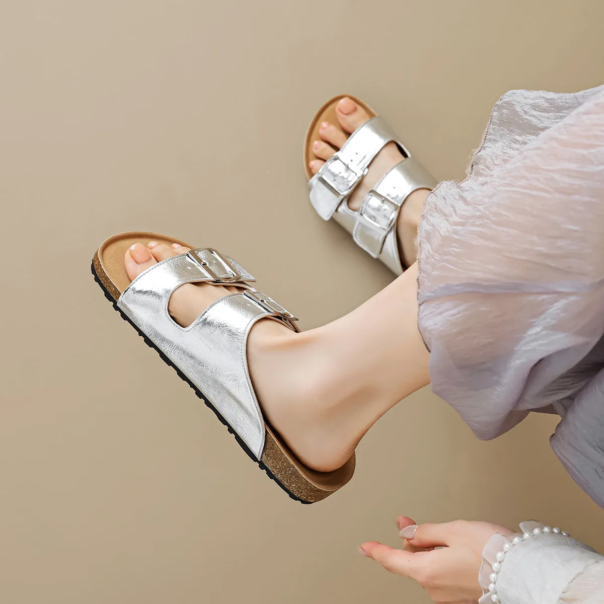 Women Soft Leather Summer Buckle Slides Sandals