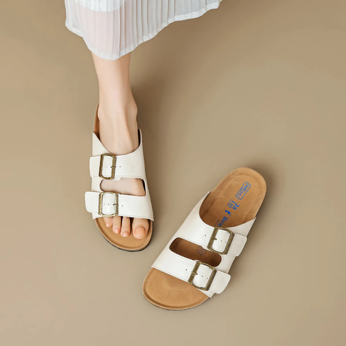 Women Soft Leather Summer Buckle Slides Sandals