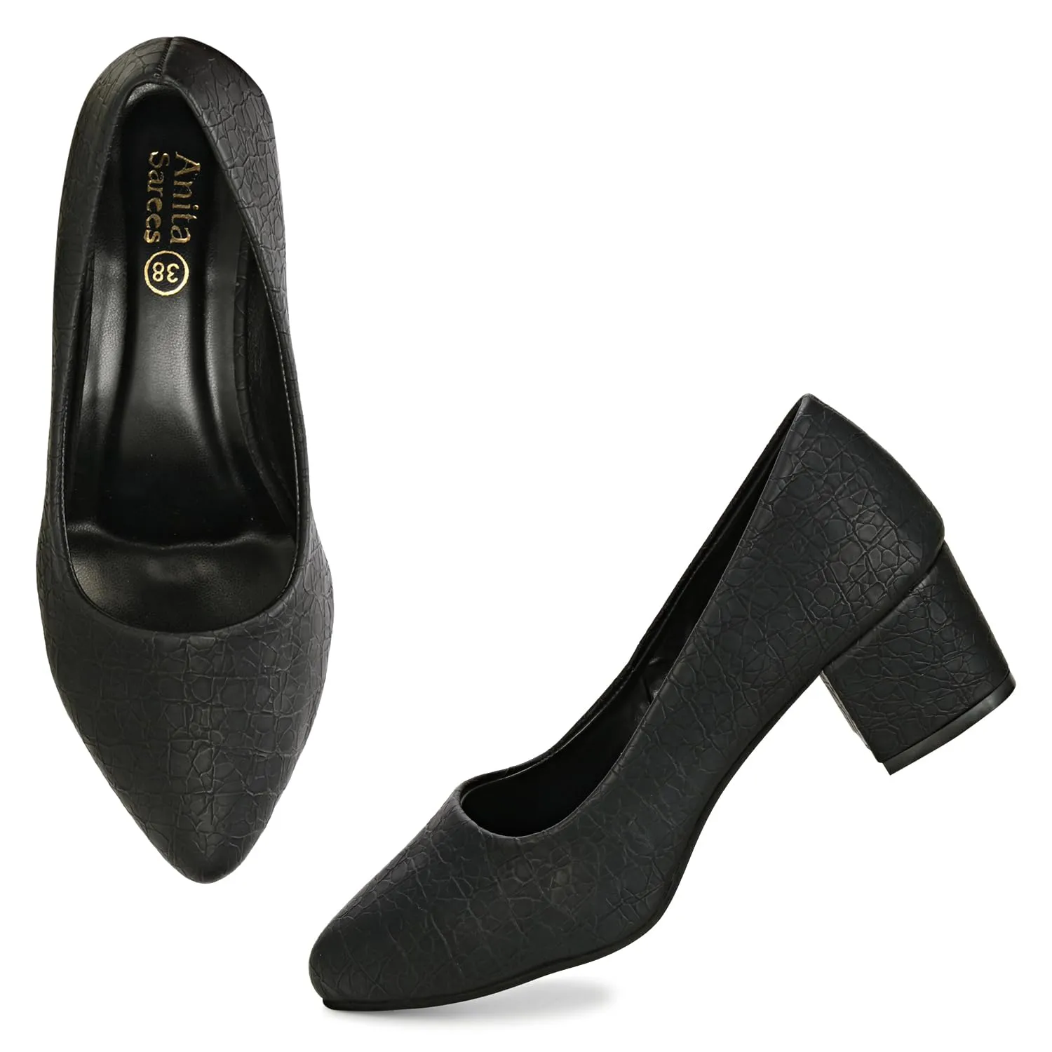 Women's Chunky Low Block Heel Pumps Shoes | Synthetic Textured Pointed Toe Dress Shoes | Closed Toe, Slip On Comfortable 2-Inch Heel for Office, Casual, and Party Wear (10, Black)
