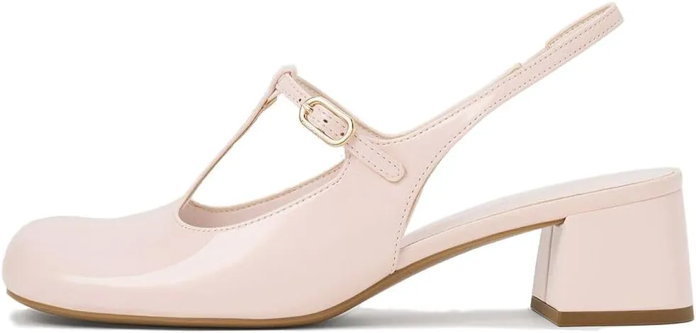Women's Slingback Mary Jane Heels T-Straps Patent Leather Rounded Toe Chunky Heeled Classic Loafers